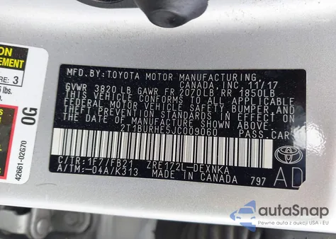 2018 Toyota Corolla Le from USA, damaged, VIN 2T1BURHE5JC009060